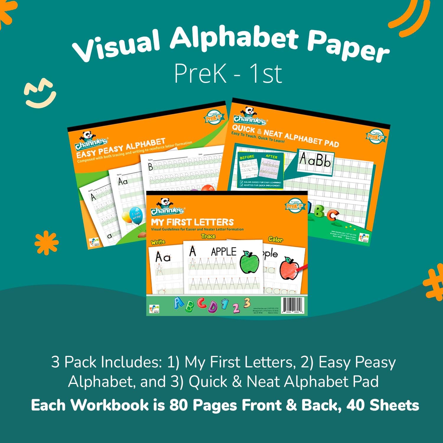Channie's Beginner's Alphabet & Handwriting Workbooks, 3 Workbooks, Lots Practices with Visual Format, Easier Way to Learn Alphabet Summer School, Ideal for Homeschool Learning Activities