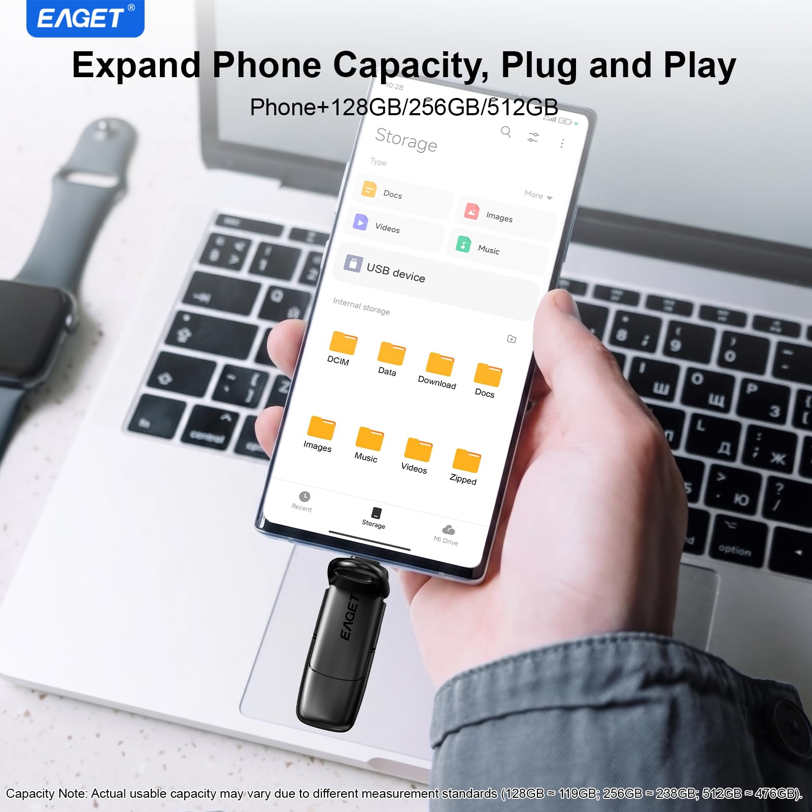 Eaget Chiavetta USB C da 512GB, Dual Drive Type-C e USB-A, flash drive a stato solido, fino a 400 MB/s ad alta velocità, design in metallo, SSD esterno portatile per iPhone 15/16/17, Android, laptop