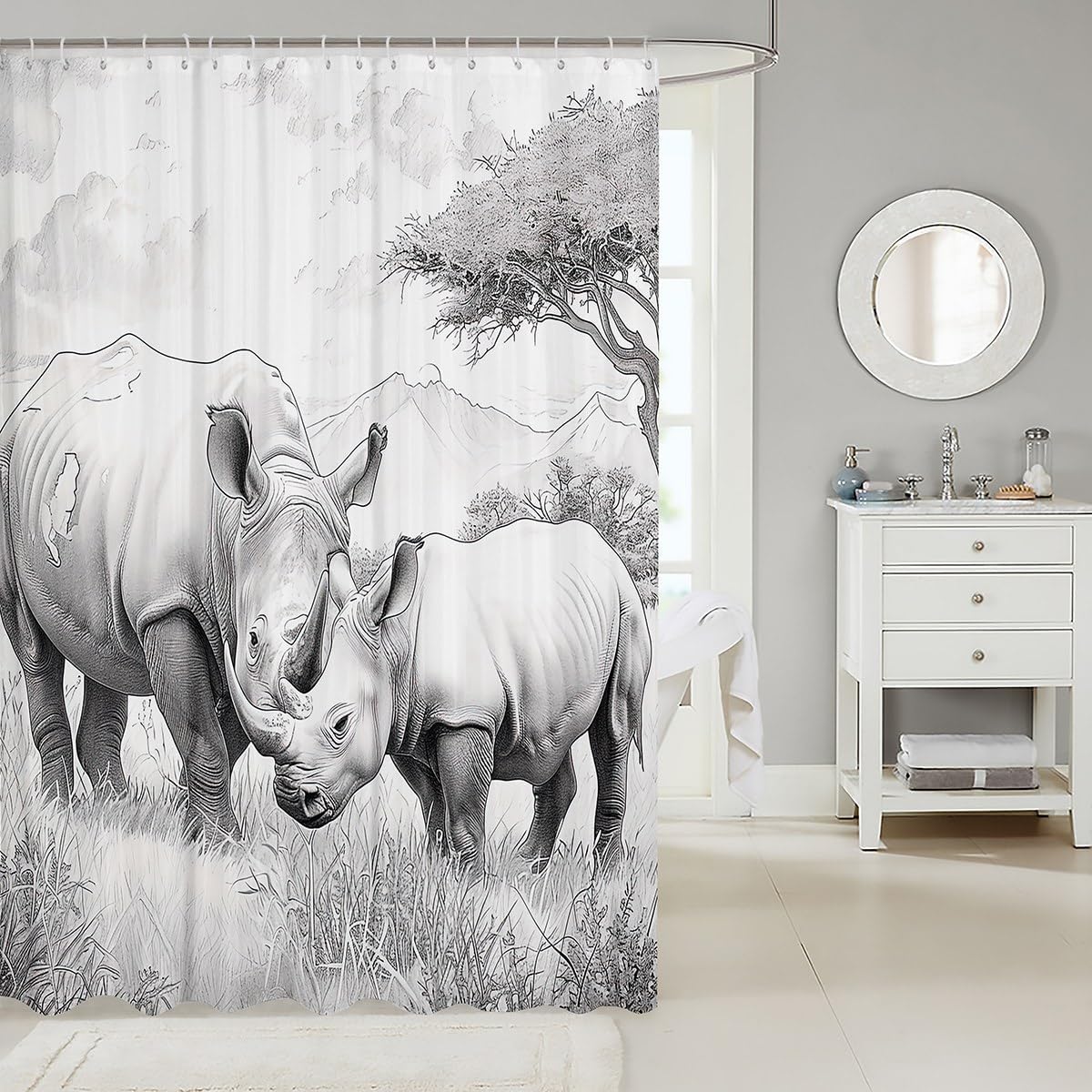 Rhino Shower Curtain Safari Animals Bathroom Sets Rhino Baby Family Sketch Bath Curtain for Kids Boys Girls African Grassland Wildlife Hand Draw Fabric Shower Curtains Sets Waterproof 72W x 84L Grey