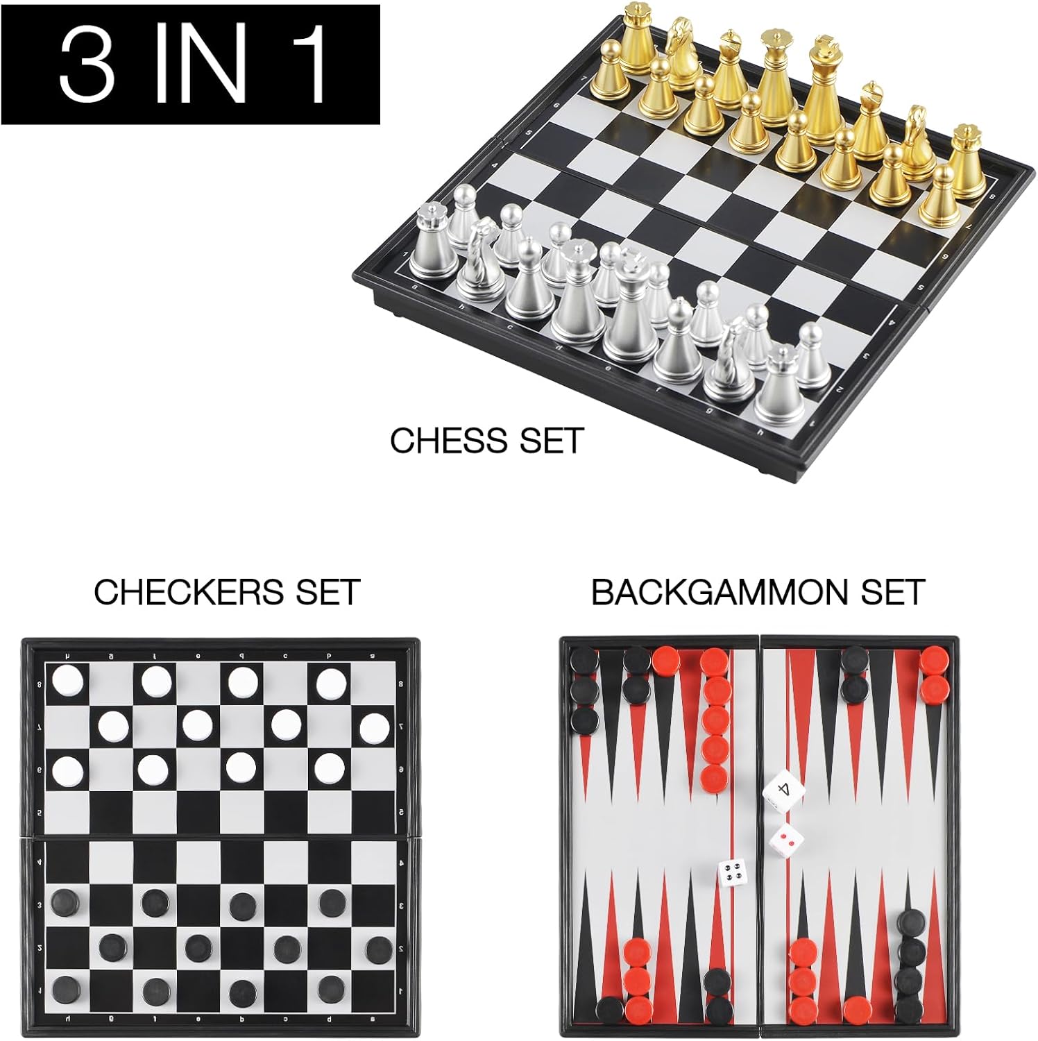 OUMODA 5'' Mini 3 in 1 Chess Checkers Backgammon Set Magnetic Folding Travel Chess Board with Instructions 2 Players for Kids and Adults