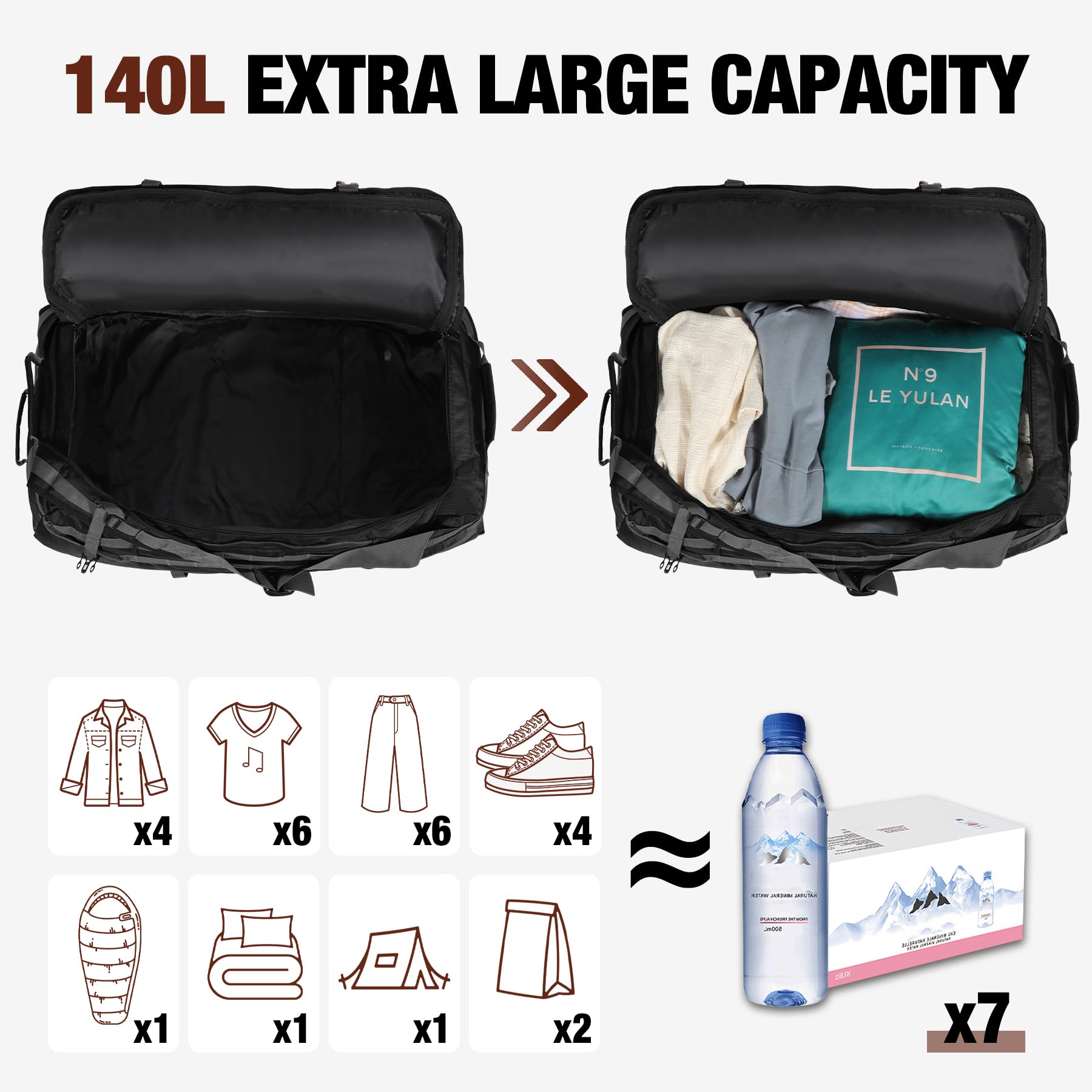 REDCAMP 140L Extra Große Reisetasche mit Rollen, Faltbare XXL Rucksack Sporttasche, Wochenend Handgepäck für Camping, 92x40x38cm, Schwarz