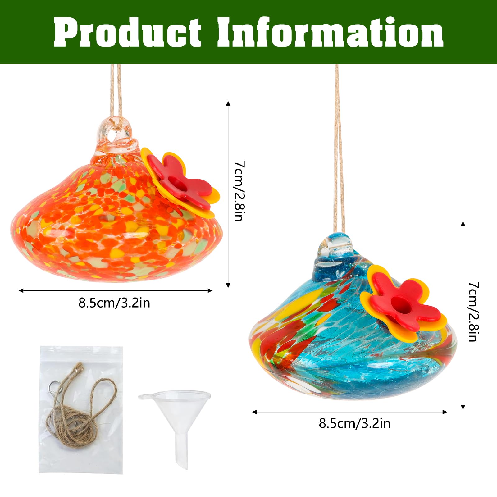 2 comederos de colibrí de vidrio soplado para colgar al aire libre, resistentes a hormigas y abejas, comedero de pájaros hecho a mano, decoración de jardín, regalo para mujeres, paquete de comederos