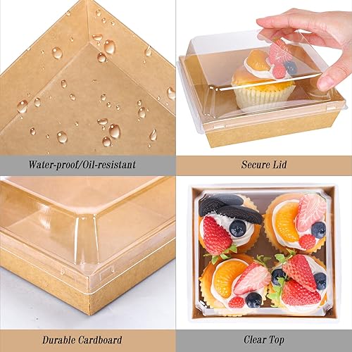 Miniatura 4 de Whaline 50 cajas pequeñas de embutidos con tapas transparentes, cajas de postre de papel kraft con tenedores y cuchillos, recipientes cuadrados