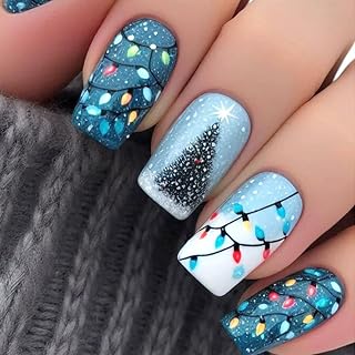 Christmas Tree Press on Nails Medium Square Fake Nails with Christmas Tree Lights Designs Blue Xmas False Nail Winter Acrylic Stick on Nail for Women 24 Pcs
