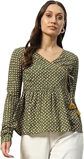 FIORRA Women's Green Cotton Top with Lace Detail and Printed Pattern Price In India