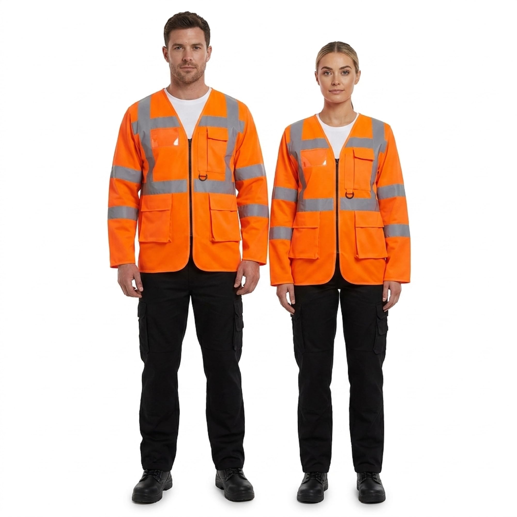 Hi Vis Executive Waistcoat Men Women – EN ISO 20471 Class 2 Long Sleeve High Visibility Safety Vest, Reflective Tape, Multi Pocket ID Pouch Radio Loop, Lightweight Breathable Workwear, (Orange, L)