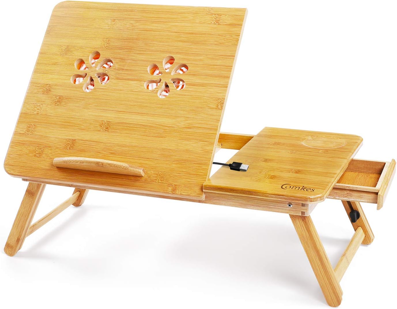 Laptop Desk,Comkes Adjustable Laptop Desk Table 100% Bamboo with USB Cooling Fan Foldable Breakfast Serving Bed Tray w' Tilting Top Drawer