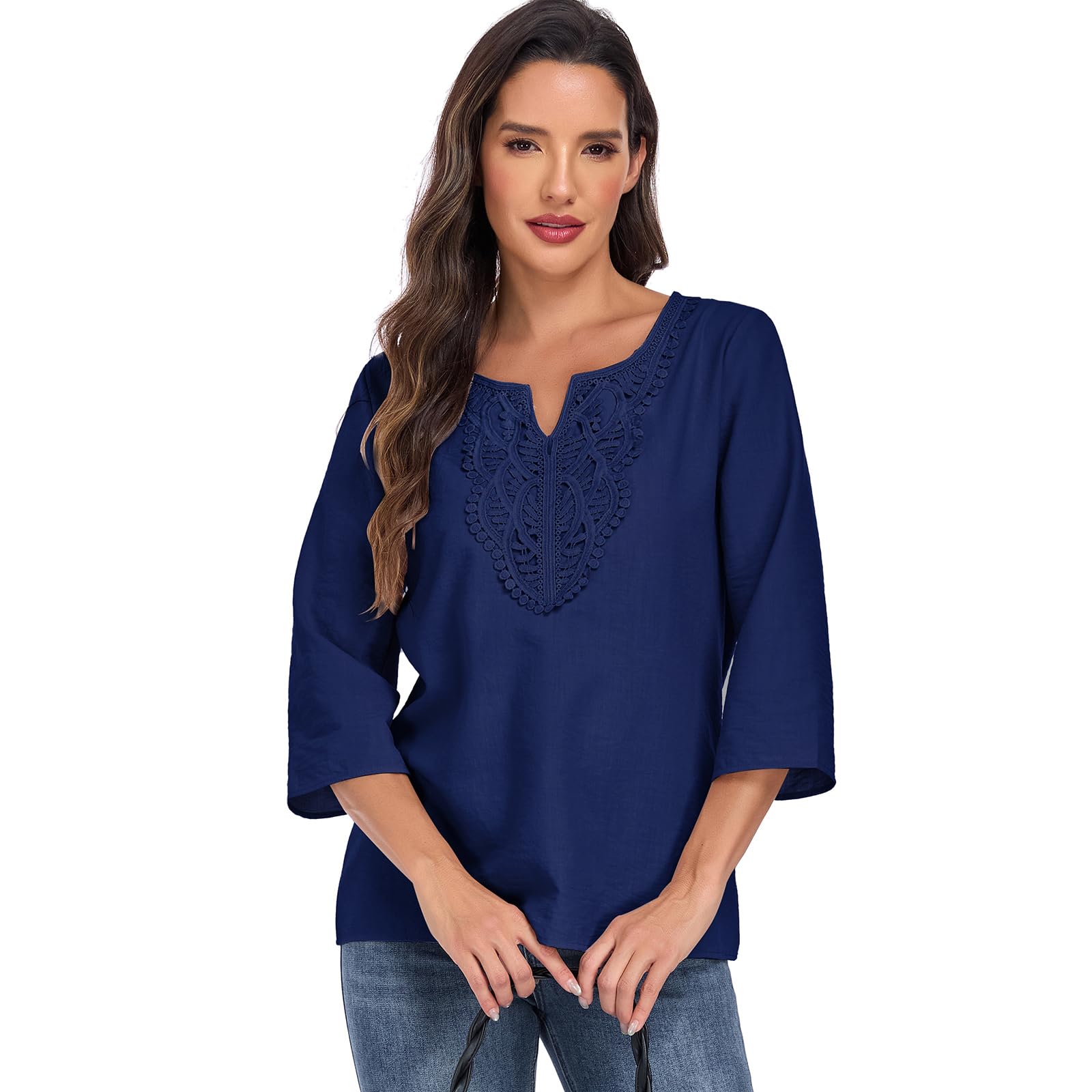 HOTIAN Blusa de manga larga para mujer, estilo bohemio, manga 3/4, elegante, cuello de pico, blusas de lino, para primavera, otoño, encaje, holgada, ropa informal