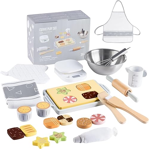 Juego de juguetes de madera para hornear y galletas, juegos de comida para niños, juego de cocina de simulación de galletas y hornear, accesorios de