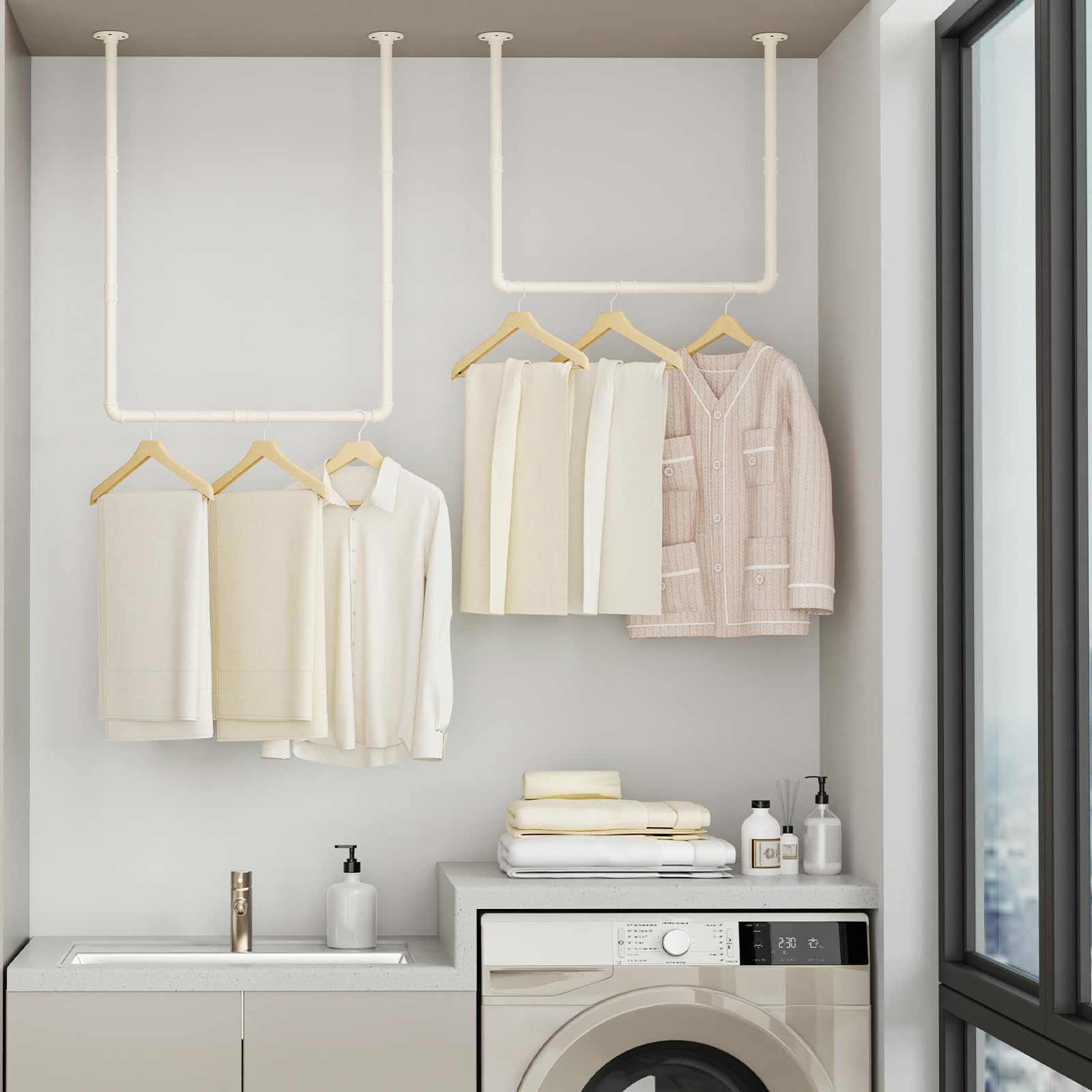 Set di 1 Appendiabiti da Soffitto Industriale, Attaccapanni da Muro 120 cm, Due Opzioni di Montaggio, Stendino da Parete, 69x60cm, Facile da Montare, Bianco