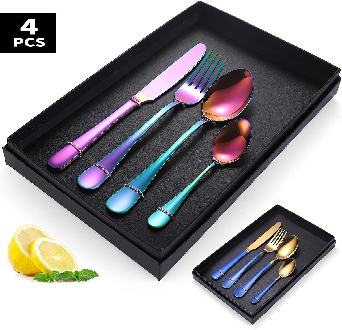 Silverware Flatware Set, 4/16/24/32/40/48 Pieces Stainless Steel Tableware Set Golden Creative Home Steak Knife, Fork And Spoon Gift (Color : Rainbow, Size : 4Set-16Pcs)