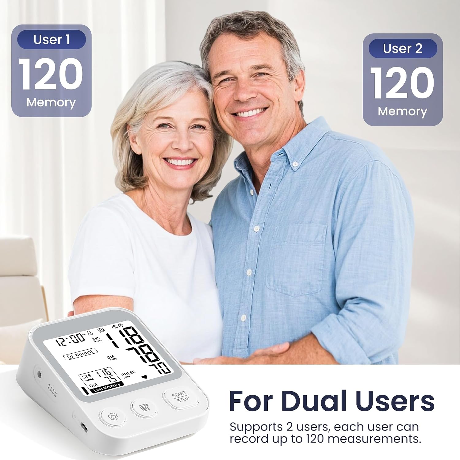 Oklar B19T Blood Pressure Monitor with dual user memory function, showing two users can store 120 readings each.