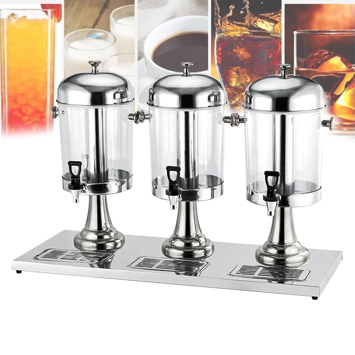MYUYEE Glass Drink Dispenser, 16L & 24L Stainless Steel Commercial Juice Dispenser Silver Gold Double Head (Silver-Threehead24L)