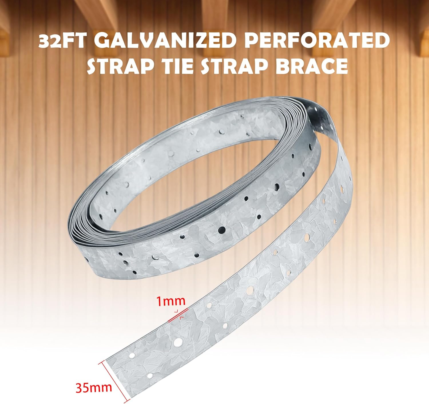 32ft Perforated Strap Tie, 1 3/8" Width Tie Down Engineering, Galvanized Steel Coil Strapping, Commercial Utility Strap for Wall Studs, Shear Wall X-Bracing, Bottom of Floor Joists
