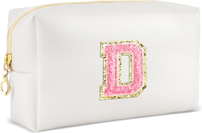 Necessaire de maquiagem URSKYTOUS branca com letra D em chenille, em PU, com zíper