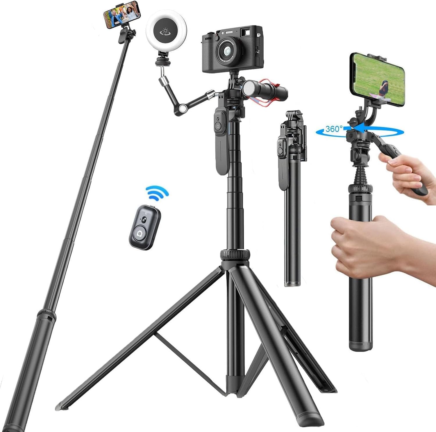 80" Phone Tripod & Selfie Stick - All in One Extendable Tall Cell Phone Tripod for iPhone with Remote and Cold Shoe Mount, 360° Rotation Tripods iPhone Stand Camera Holder for Video Recording