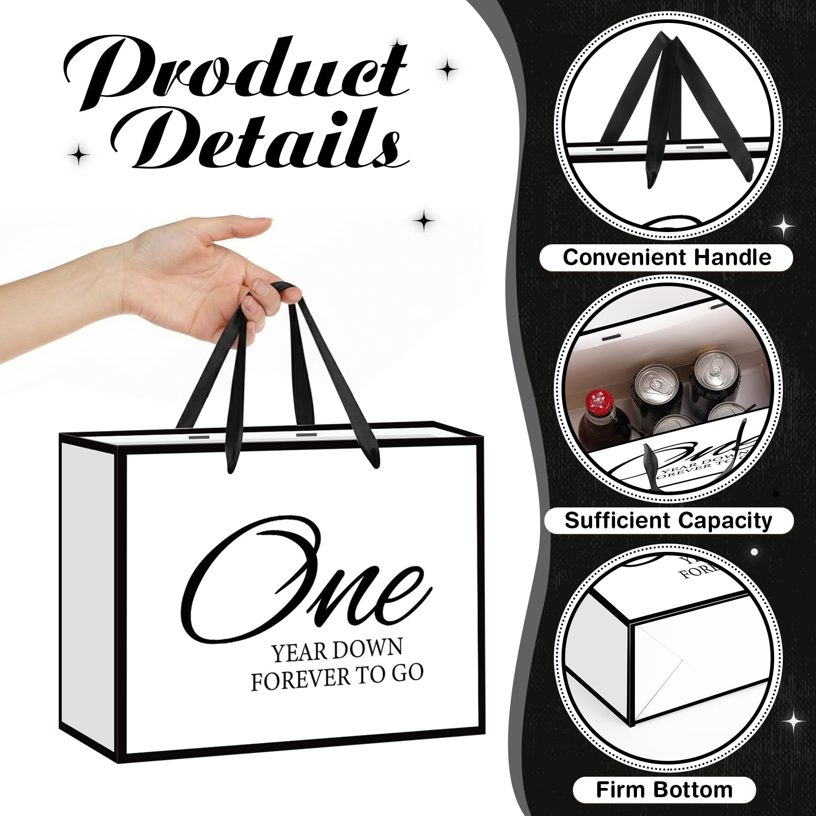 TagreSpike 1st Anniversary Paper Gift Bag with Tissue Paper and Card - Large One Year Down Forever to Go Wrapping Bag - Black and White Paper Anniversary Party Supplies for Husband Wife