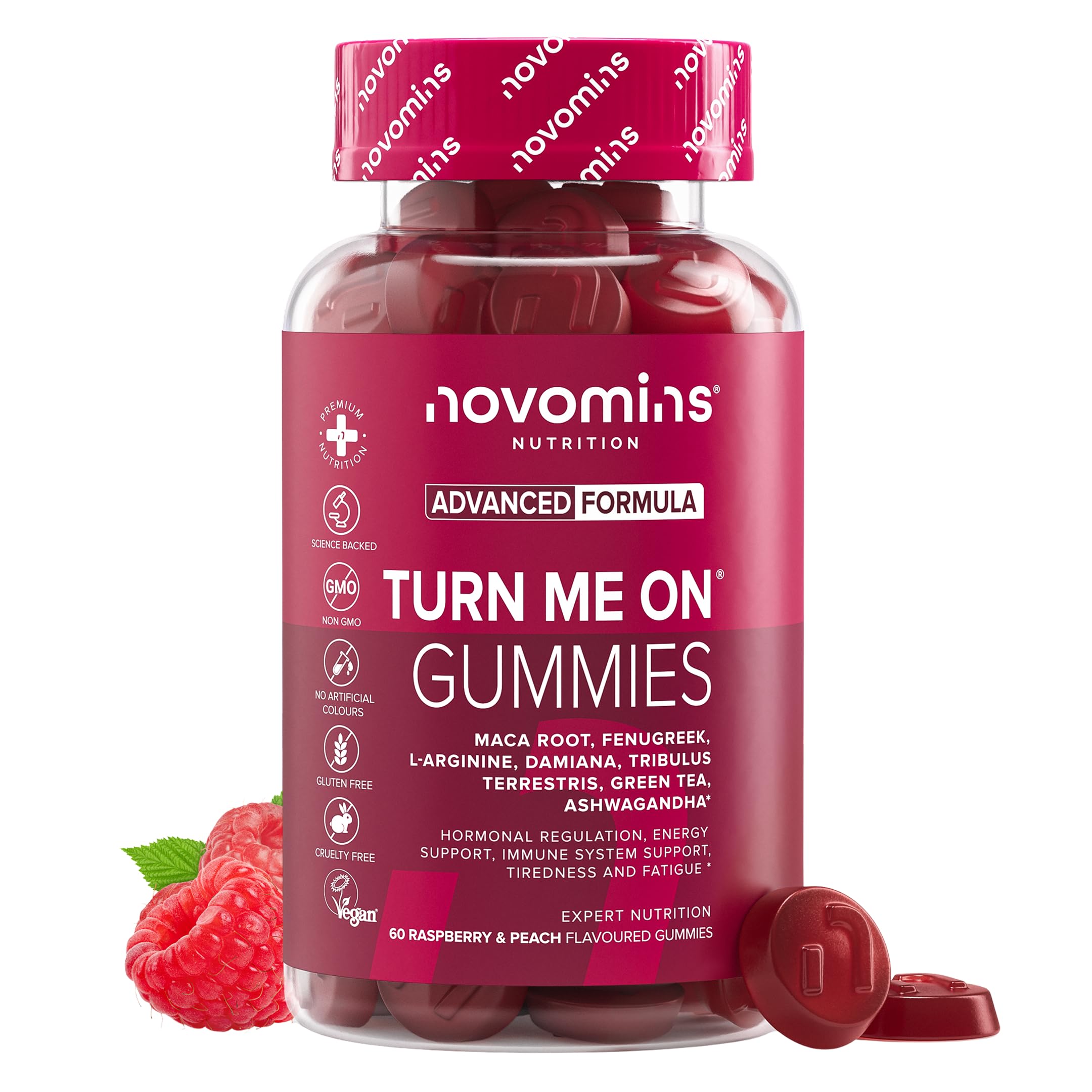 Libido Gominolas - Maca, Ashwagandha, L-Arginina, Tribulus Terrestris y Vitamina B6 - Libido para Mujer - Sin Gluten y Vegano - 60 Gominolas para Potencia y Energía - Turn Me On Gummies - Novomins