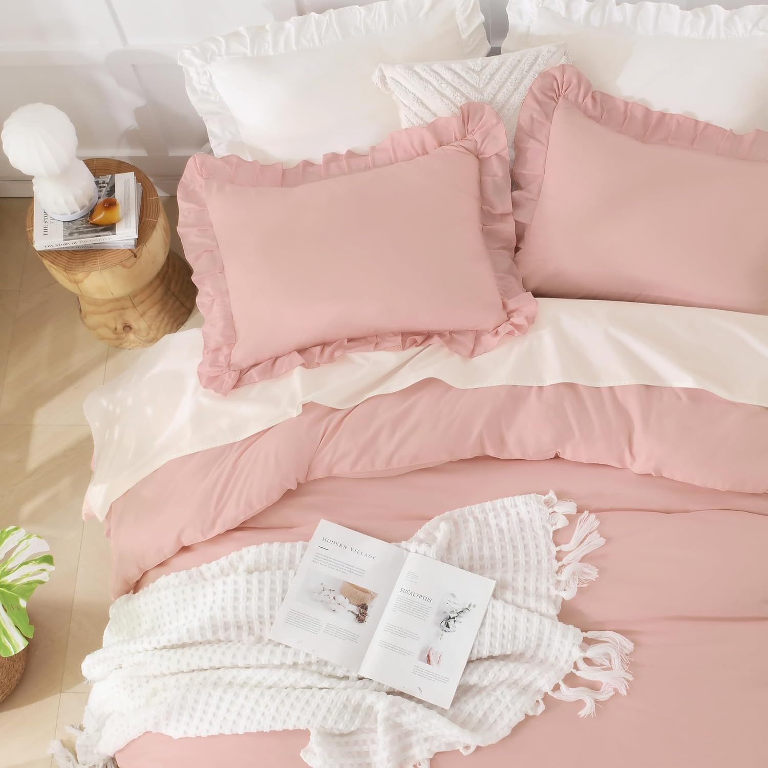 Andency Blush Pink Ruffle Comforter Queen, 3 Pieces Rustic Farmhouse Shabby Chic Comforter, All Season Soft Polyester Down Alternative Bedding Comforter Set