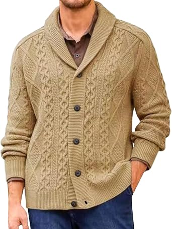 Mens Shawl Collar Soft Cardigan Cable Knit Button Open Sweaters Casual Winter Solid Knitted Outwear