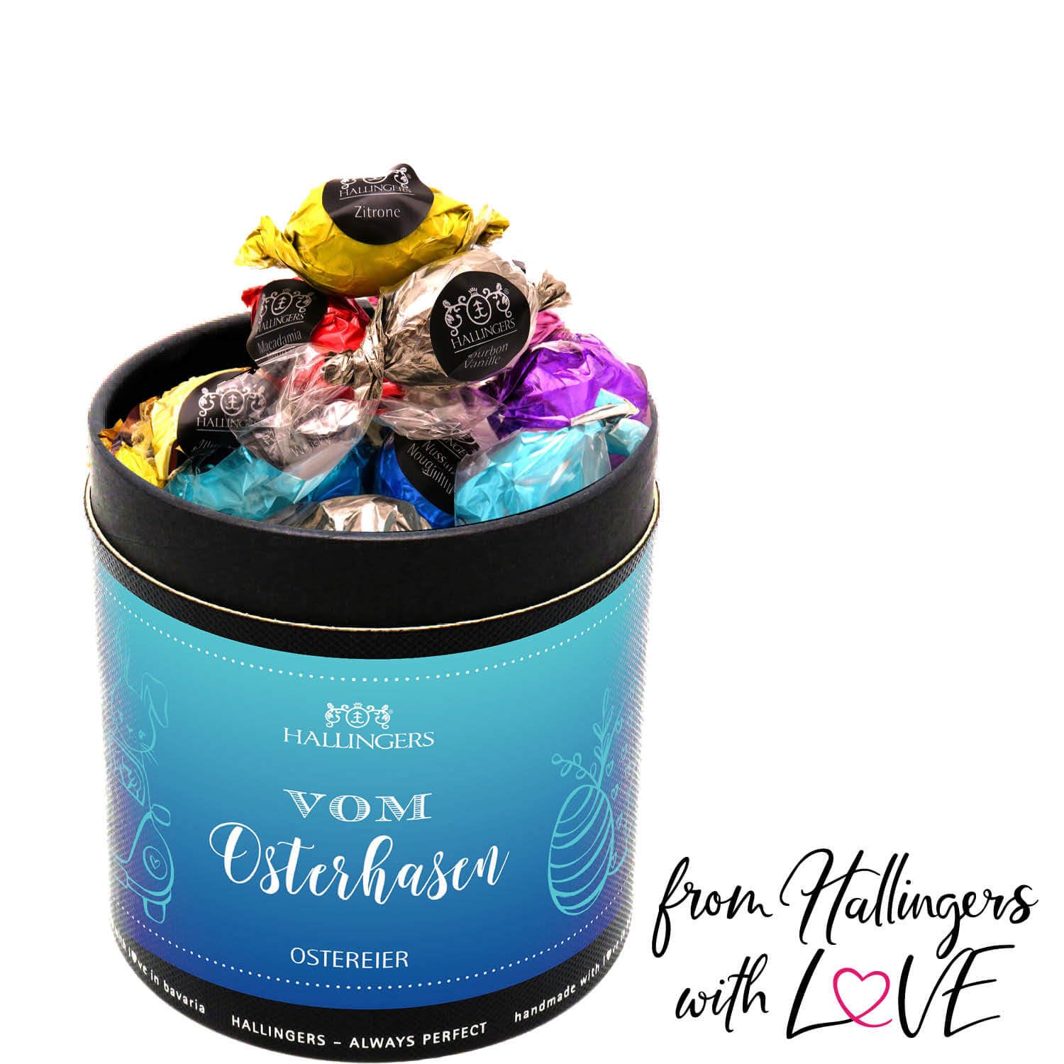 Hallingers Genuss Manufaktur Pralinen-Osterei Oster-Geschenk - ohne Alkohol, handmade aus Edelkakao in wertiger XXL-Geschenkdose "Vom Osterhasen", Ostern Körbchen für Frauen Männer