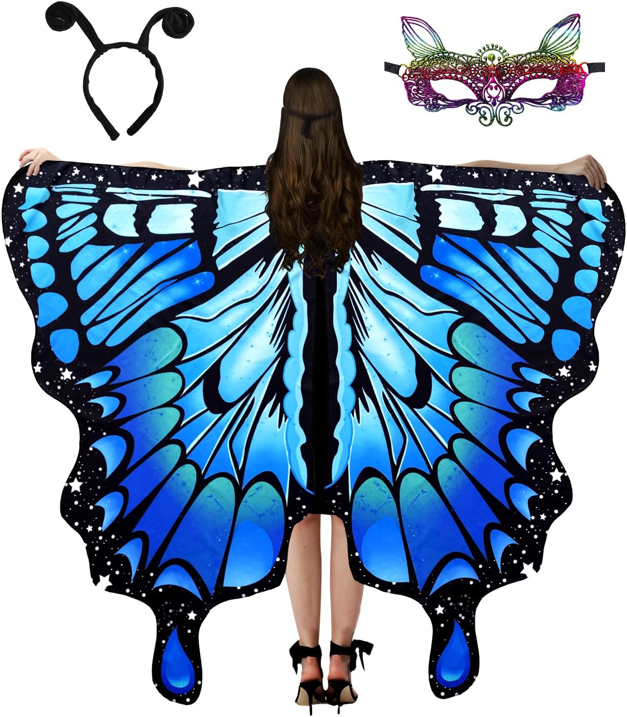 Butterfly Costume for Women, Adult Butterfly Wings Halloween Party Costume with Lace Mask and Antenna Headband