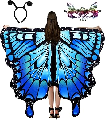 Butterfly Costume for Women, Adult Butterfly Wings Halloween Party Costume with Lace Mask and Antenna Headband
