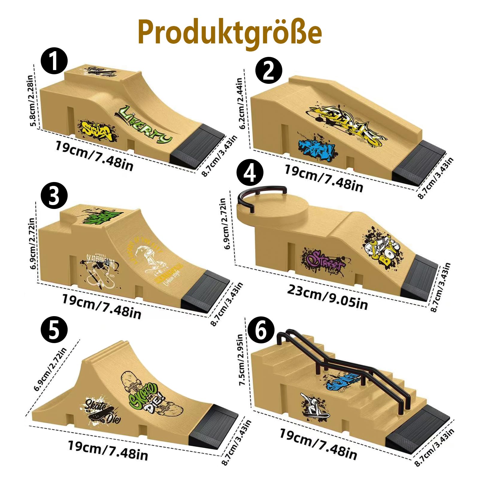 6-in-1-Finger Skateboard Park Set Enthält 6 Fingerboard Rampe Sowie 6 Mini-Finger-Skateboards und Eignet sich Ideal für Griffbrett-Liebhaber, als Kinderspielzeug oder als Übungsset für Anfänger
