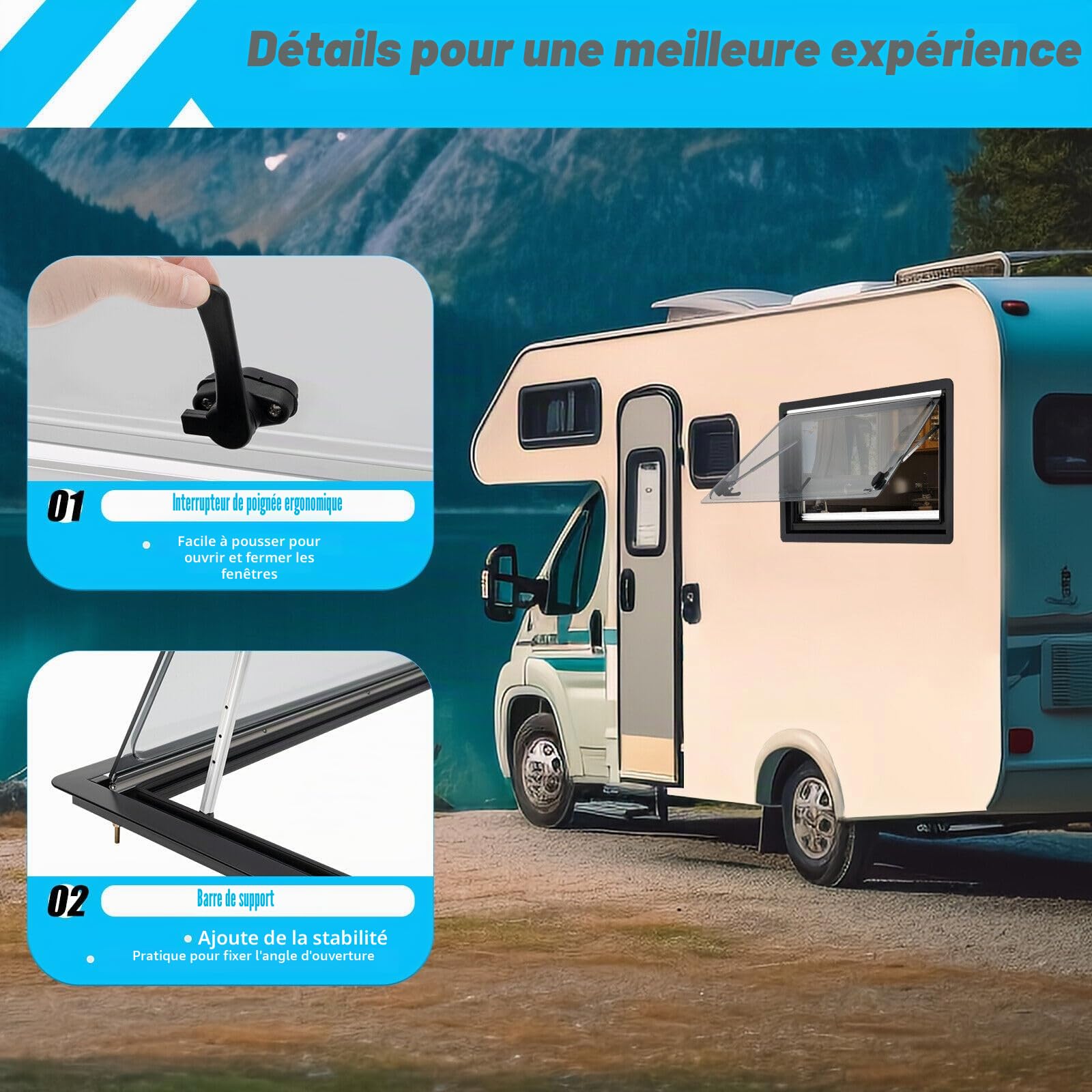 900 x 500 mm - Fenêtre de caravane pliante avec volet roulant intégré et protection solaire pour caravane