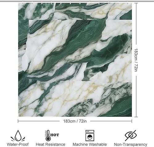 Miniatura 6 de TIYAANDSY Cortina de ducha con textura de mármol para baño, juego de cortina de ducha bohemia de lujo de tinta verde y blanca, líneas abstractas,