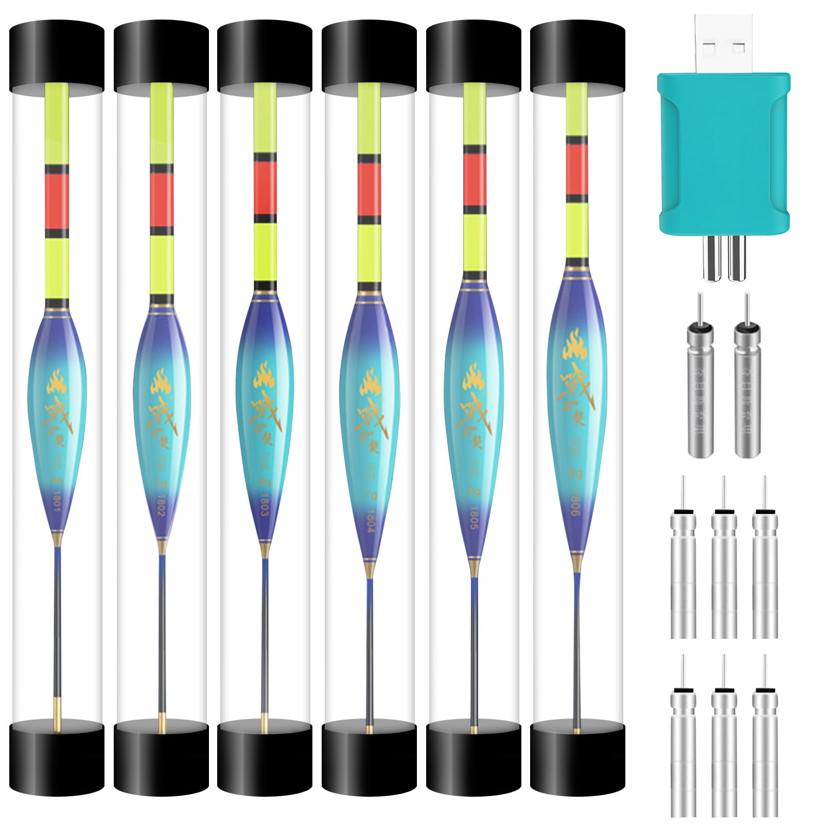 LED Fishing Floats Set 4 g / 5 g / 6 g / 7 g / 8 g / 9 g Can Change Colour When the Fish Bits the Hook, Fishing Accessories Fishing Floats with Battery Charger and Rod Battery Type CR425 (4g/5g/6g/7