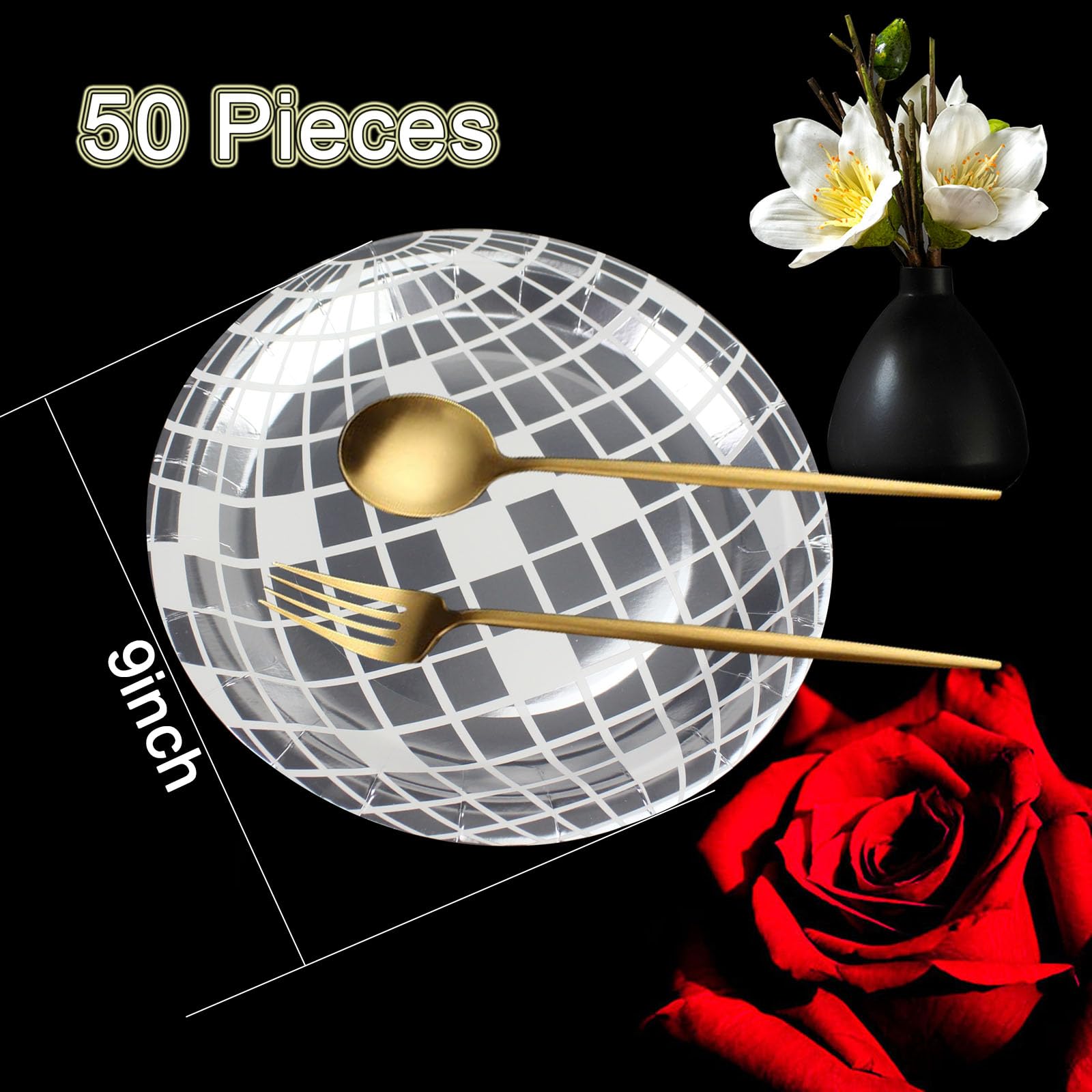 Yedadone 50 Pieces Silver Disco Ball Party Plates Disco Paper Plates Disposable Food Trays Paper Dinner Plates Party Supplies for 70s Disco Party Decorations Wedding Birthday Party (9 Inch-50 Pcs)