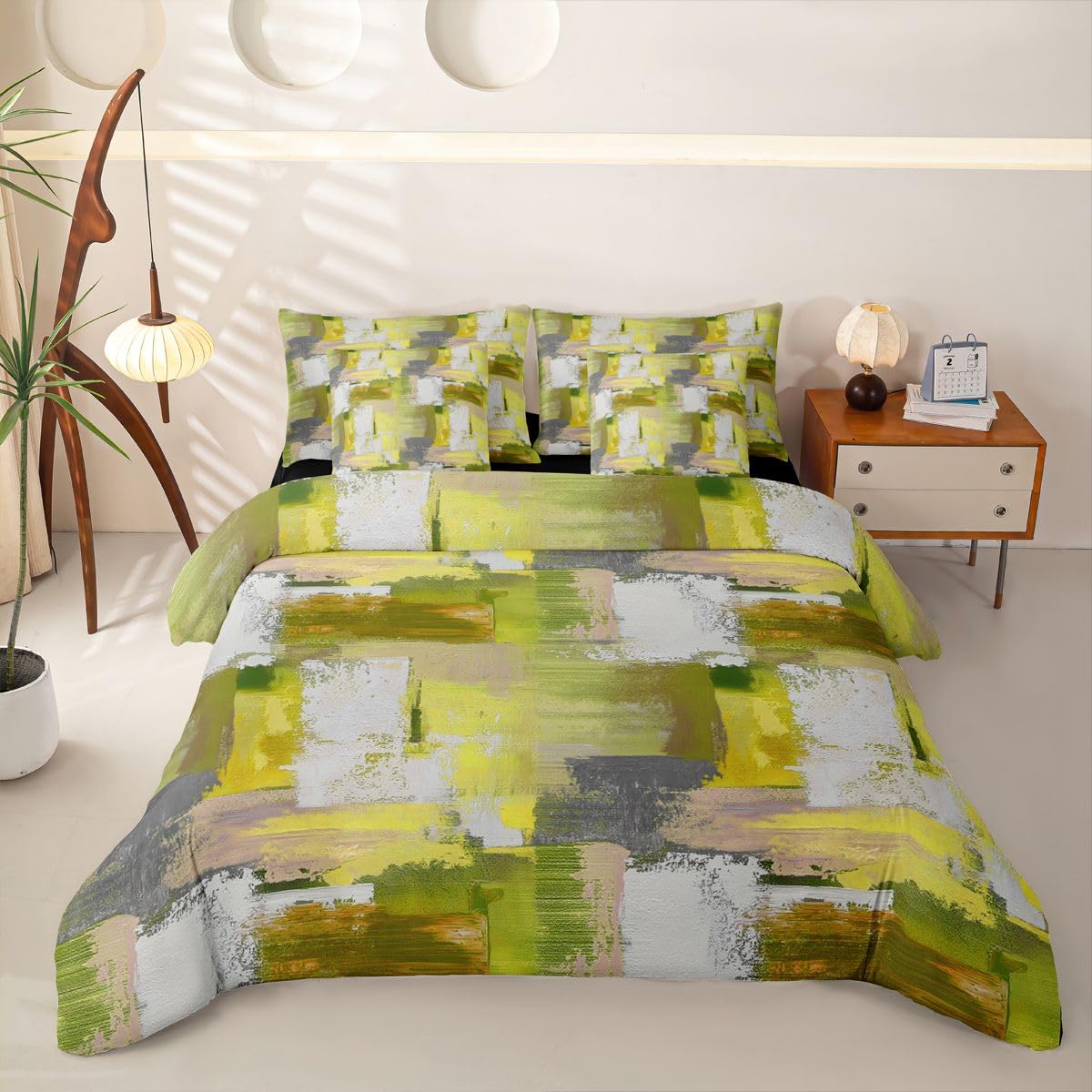 Loussiesd Set di biancheria da letto con copripiumino singolo astratto con lenzuola, per bambini, ragazzi e ragazze, motivo geometrico, giallo, verde, ombré, 7 pezzi, moderno, sfumato, decorazione per