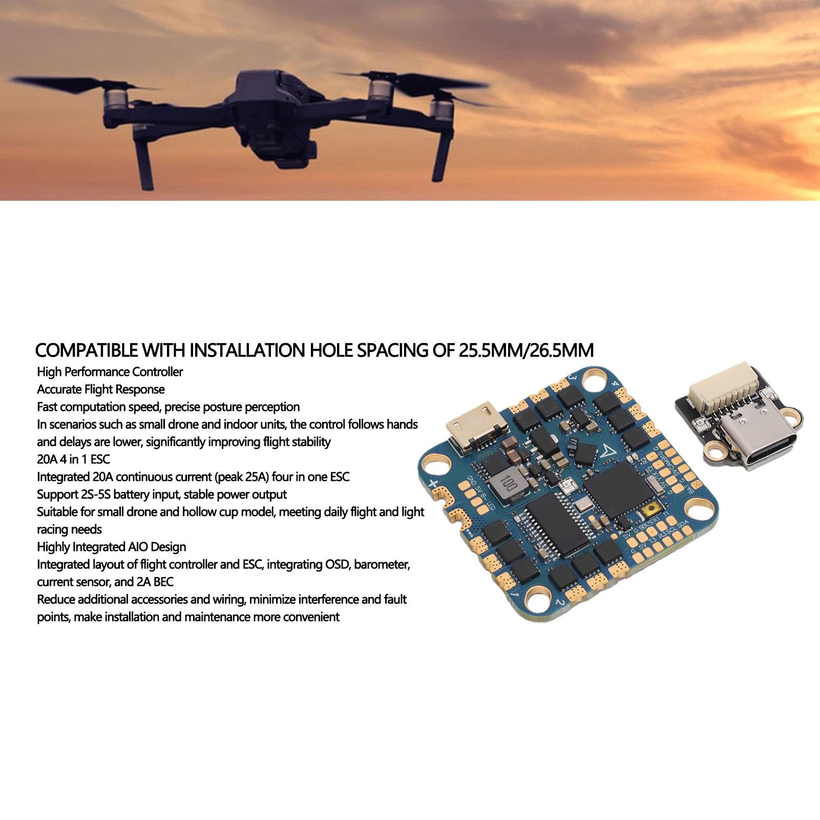 Kontroler Lotu F411 Dla Budowniczych Małych Dronów I Jednostek Wewnętrznych Integruje 4w1 20A,Osd,Barometr,Czujnik Prądu,Bec 2A,Główny Kontroler Stm32f411ceu6,Imu Icm42688