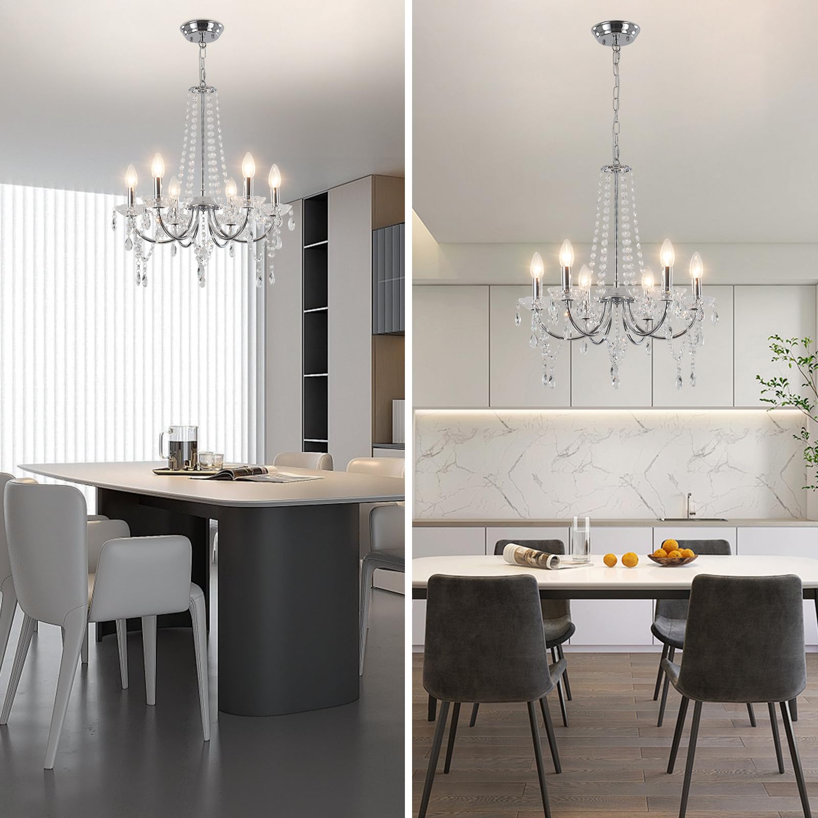 Modern Kronleuchter Kristall Silber 6 Flammig Kronleuchter Vintage Chrom | Hängeleuchte Kristall Hängelampe Vintage Pendelleuchte Esstisch Kristall Lampe Kronleuchter Wohnzimmer Schlafzimmer Esszimmer