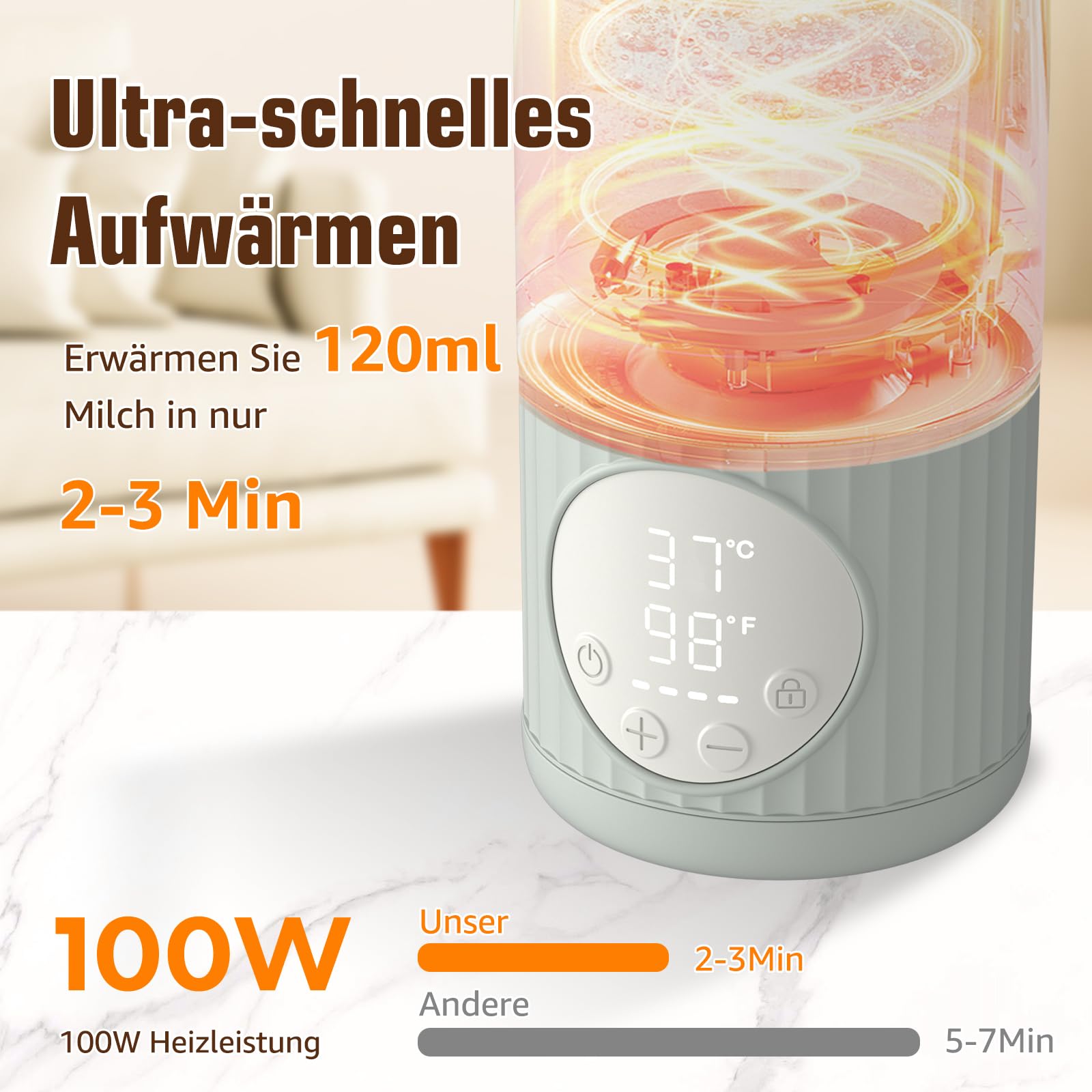 Baby Tragbare Flaschenwärmer für unterwegs für Muttermilch, Formel oder Wasser 380ml große Kapazität, 100W Leistung schnelle Erwärmung & präzise Temperaturkontrolle Milchwärmer für Reisen (Grau)