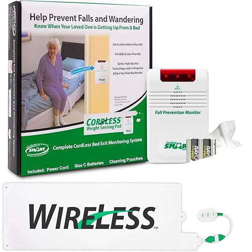 Smart Caregiver Wireless Bed Alarm System - Cordless Weight Sensing Bed Alarm Pad (10” x 30”) with Remote Alert Monitor, Free Individual Cleaning Wipes and Liberty 7 Day Pill Box