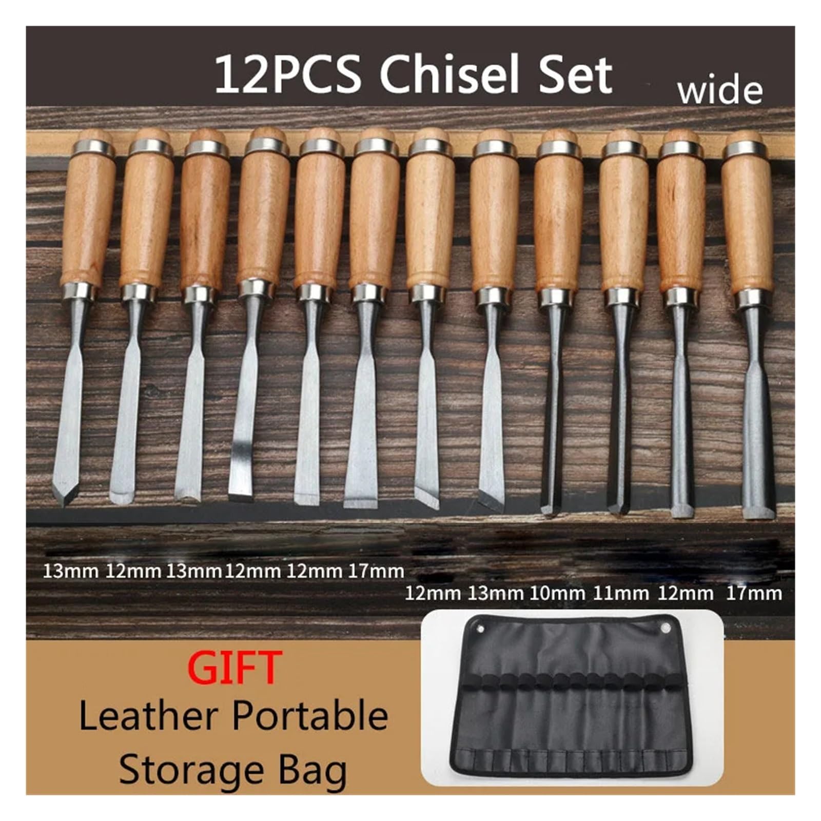 12 Pcs Leather Set Carving Chisel Set Beech Handle Woodworking Chisel Turning Tools Carving Knife Hanging Bag Household Tool