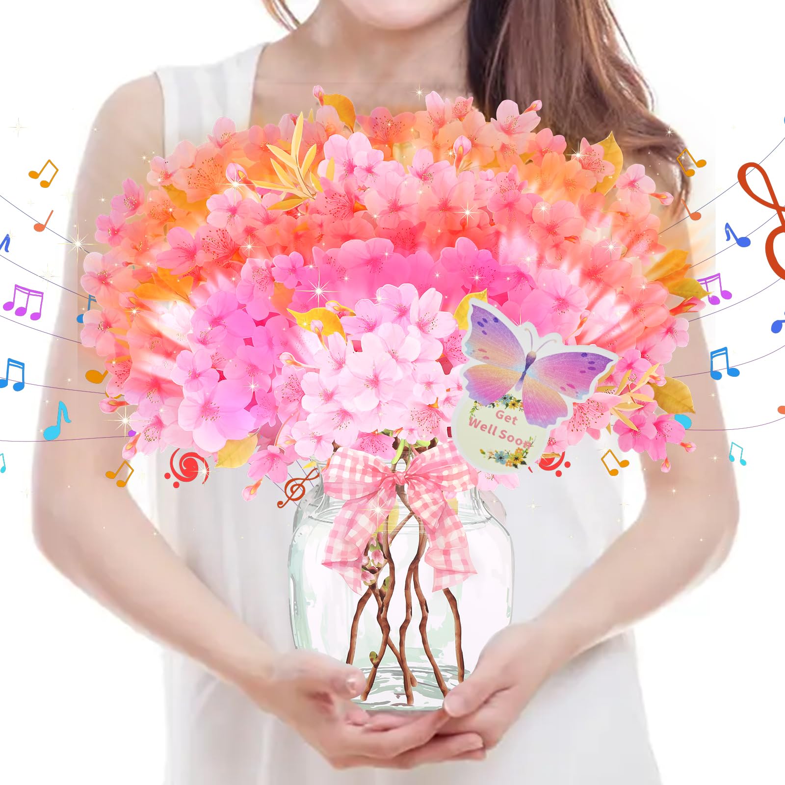 Musical Get Well Card for Women, 3D Pop Up Cherry Blossom with Music & Light – Pollen-Free, Surgery Recovery Gift for Women, Mum, Daughter, Friend