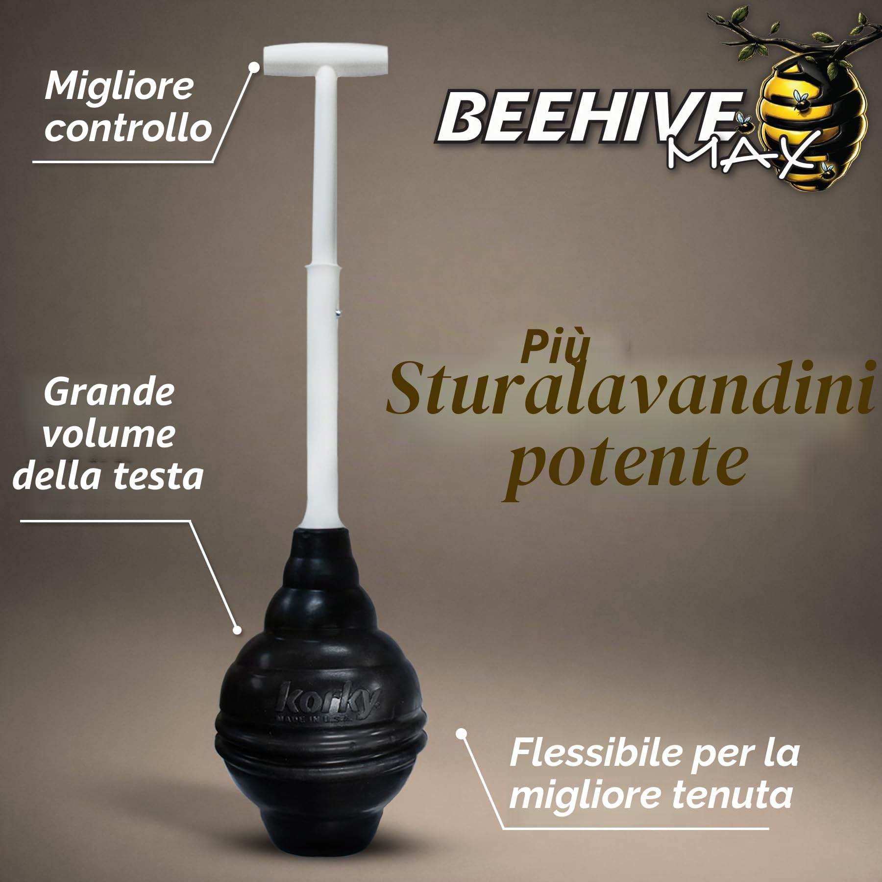 Korky BeehiveMAX, Stura WC resistente e potente, adatto per WC di tutte le forme