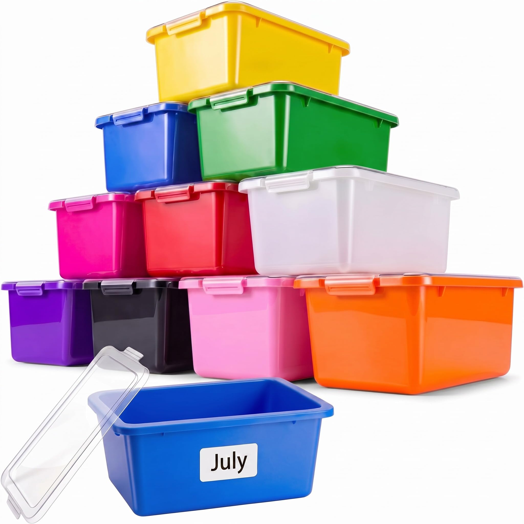 10 cubos de basura con tapa de cierre transparente, etiqueta adhesiva, contenedor de almacenamiento de libros apilable de plástico de colores para aula, oficina, hogar, clasificación, arte