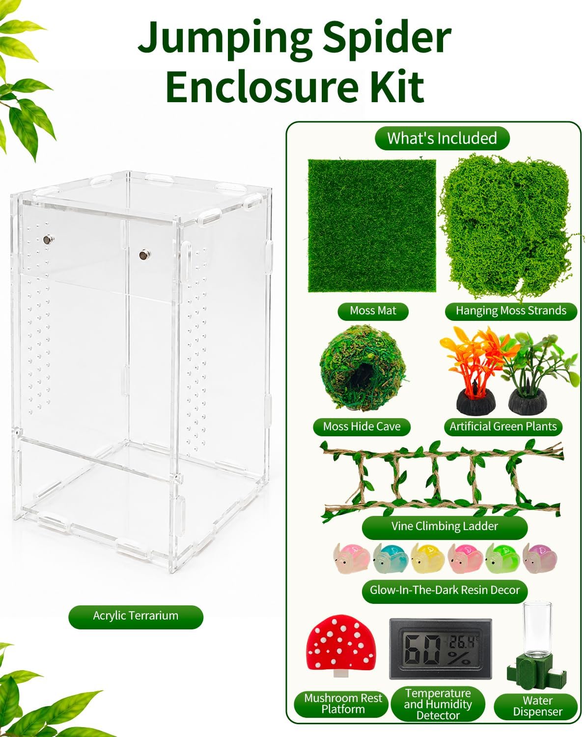ALKB Jumping Spider Enclosure, DIY Acrylic Terrarium Kit | Requires Assembly, Small Insects Habitat, Escape Proof Reptile Terrariums, Temperature and Humidity Detector
