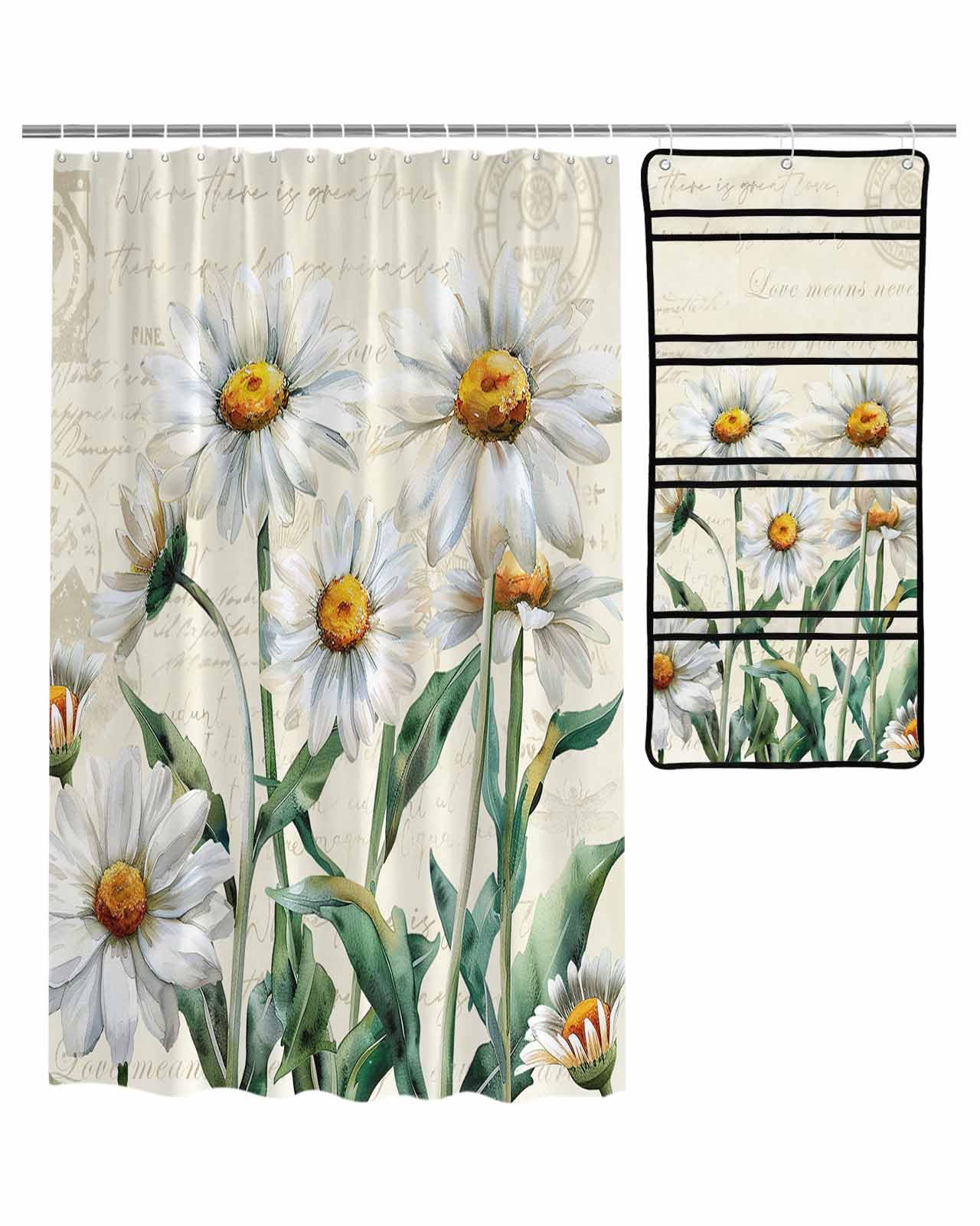 ZFUNCING Shower Curtain Mesh Shower Organizer Set Watercolor Floral Farm Daisy Waterproof Bath Curtains Hanging Shower Caddy Bathroom