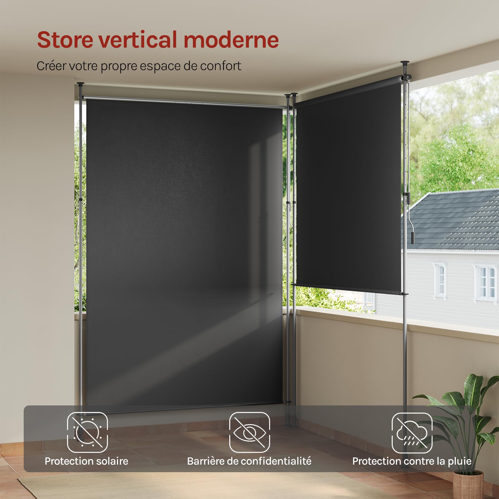 WOLTU Store Vertical Rétractable avec Manivelle, 200x310 cm, Brise-Vue Vertical Balcon, en Tissu Opaque, Protection Solaire, Résistant aux Intempéries, Montage sans Perçage, en Gris