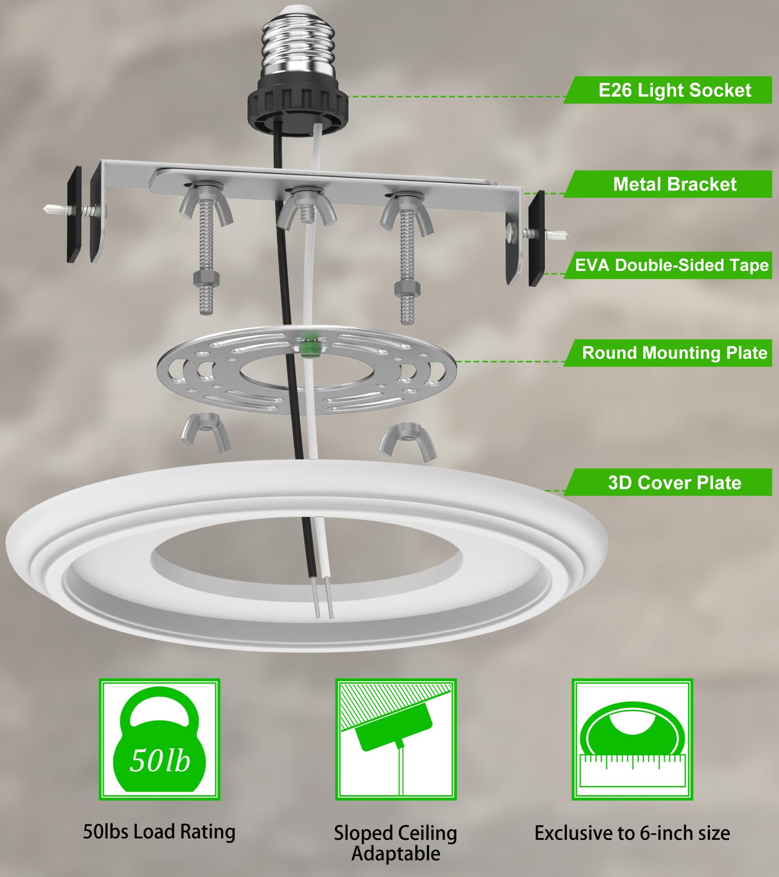 6-Inch Recessed Can Light Conversion Kit for Pendant Light or Ceiling Fan, Ceiling Fixture Adapter with 7¾" Decorative White Plastic Medallion, Retrofit Kit for 6" Recessed Housing — Amazon image 4