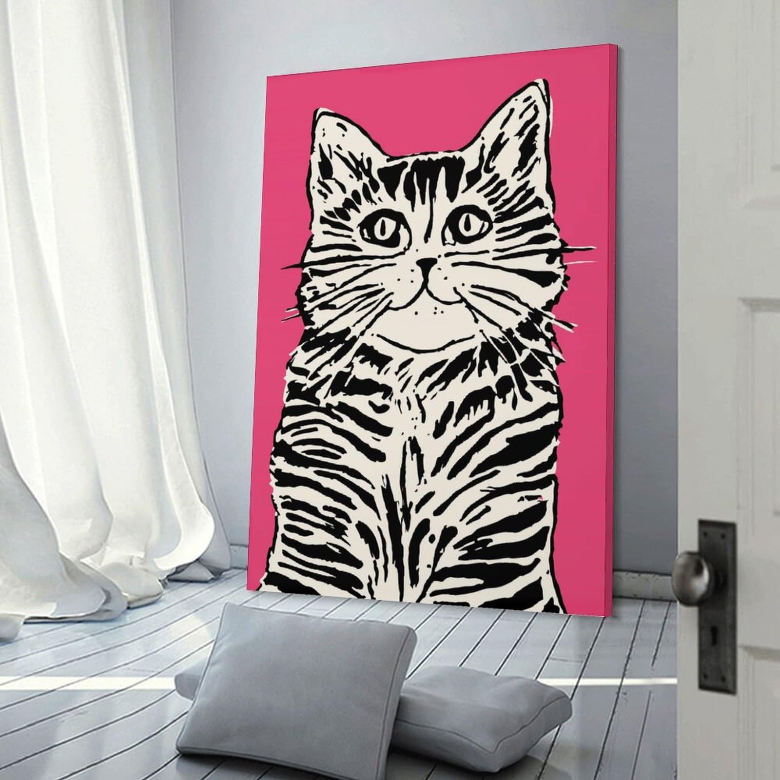 Junmoney Funny Pink Feline Canvas Wall Decor 24x36inch(60x90cm), for Feature Walls in Flats Or Modern Rooms, Decorative Artwork with Flexible Styling