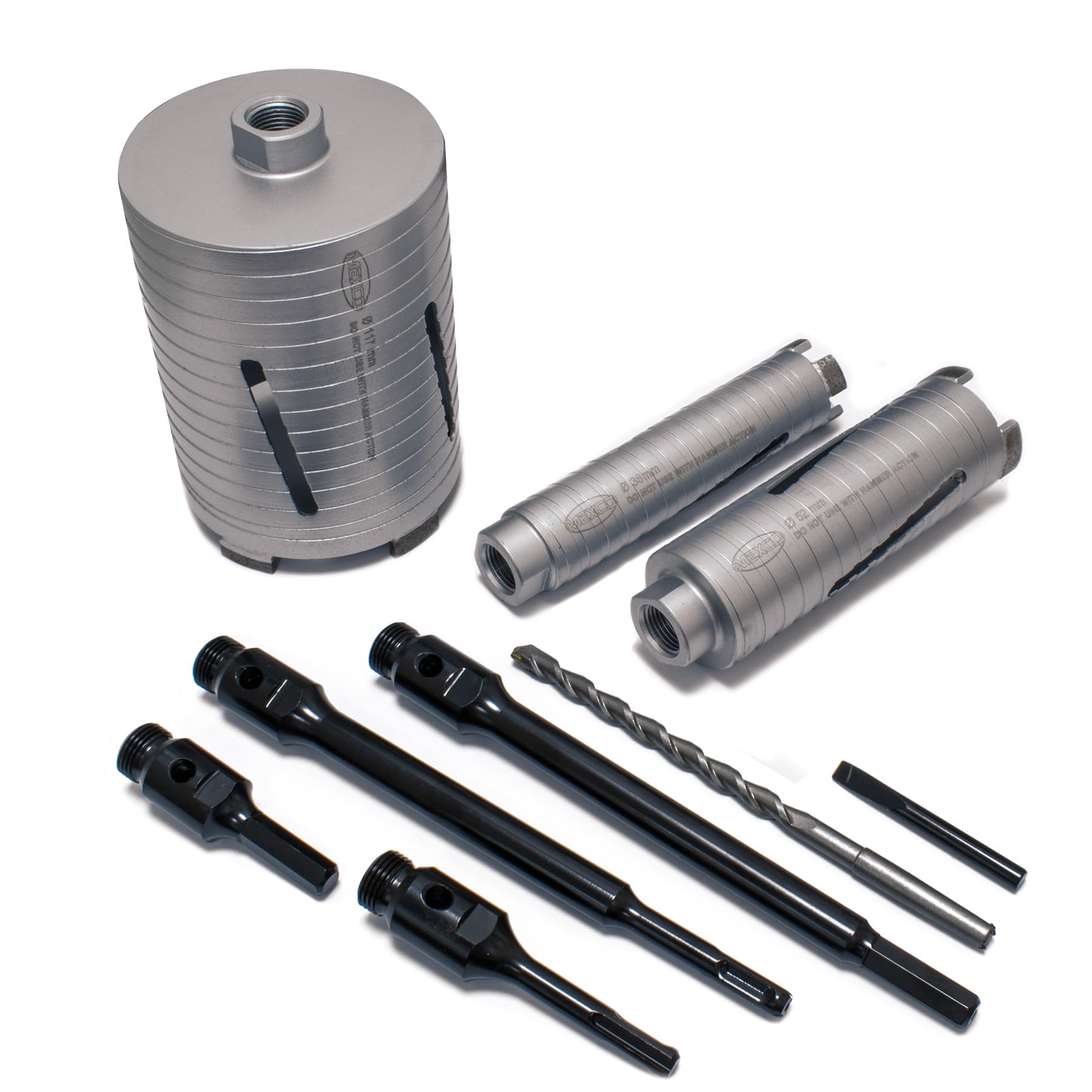 Wiertnica diamentowa Mexco DCX90 do wiercenia na sucho, wysokowydajna, diamentowa, rdzeniowa do wiercenia w materiałach murowych – 38 mm–117 mm, 9-częściowy zestaw z walizką