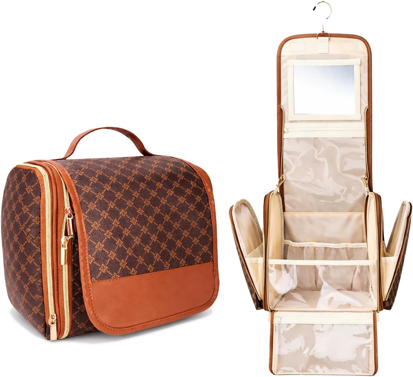 Women Travel Toiletry Bag with Mirror, Large Capacity Make up Bag with Hanging Hook,Anti-collapse Design Travel Cosmetic Organizer for Full-Size Shampoo,Accessories & Essentials (Brown)