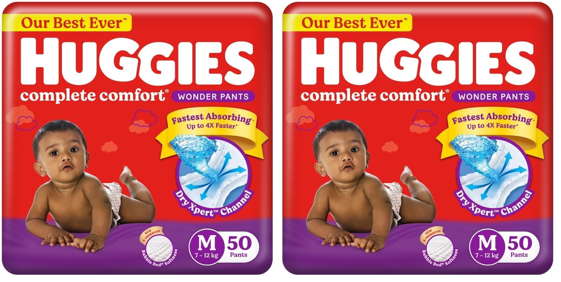 Huggies Complete Comfort Wonder Pants | Pant Style Baby Diapers M Size, 50 Count | India's Fastest Absorbing Diaper, Patented Dry Xpert Channel, Ideal for 7 to 12 Kgs (Pack of 2)