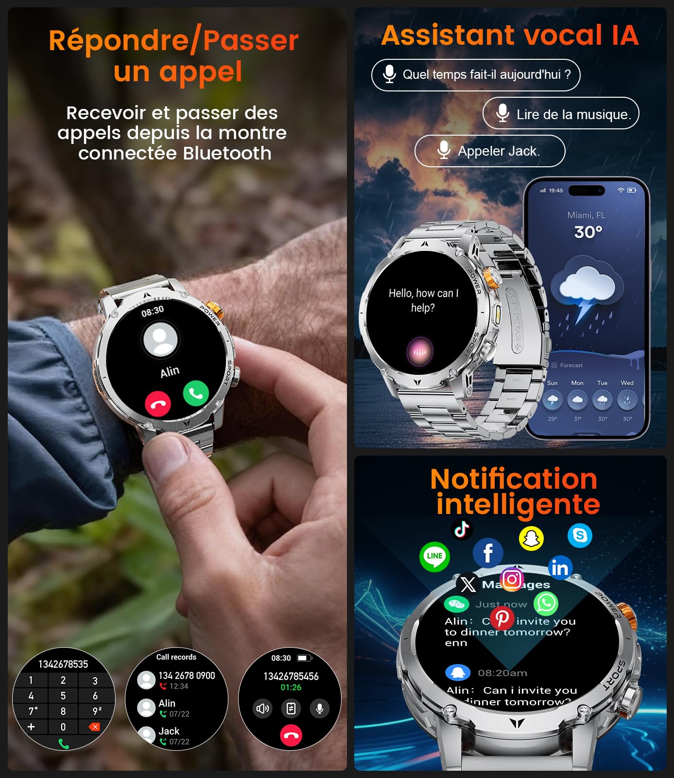 LIGE 1000mAh Montre Connectée Homme, 1,7" Smartwatch Militaire avec 110+ Modes Sportifs, IP68 Étanche, Appel Bluetooth, 24H Fréquence Cardiaque, Podomètre Android iOS,3 Bracelets,2 Chargeurs,EF24-B